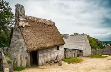 Old buildings in Plimoth plantation at Plymouth, MA - obrazy, fototapety, plakaty