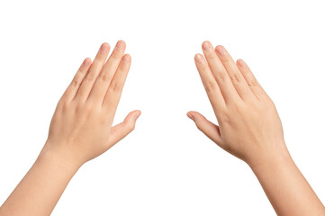 Woman hand gesturing isolated on white background.