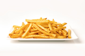 French fries in white plate on white background.