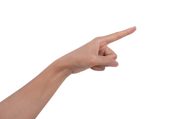 Woman hand and finger pointing something isolated on white background