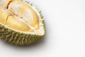 Ripe Durian fruit. Peeled durian fruit isolated on white background