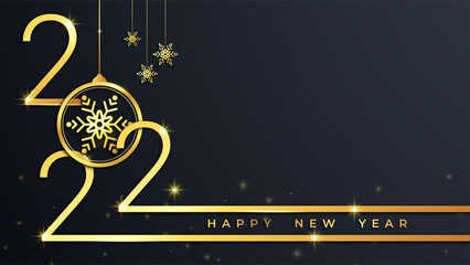 Happy New Year 2022 logo text design. Concept design. Vector modern illustration of gold text. Golden luxury inscription. Christmas background with blur, glare, stars, snowflakes, snow.