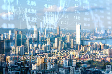 Shenzhen city skyline and stock market data concept
