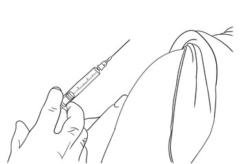 Vaccine or flu shot in injection needle. Doctor working with patient`s arm. Physician or nurse giving vaccination and immunity to virus, influenza or HPV with syringe. Appointment with medical expert