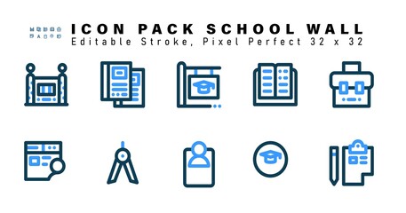 Icon Set of School Wall  Two Color Icons. Contains such Icons as Briefcase, Online Class, Divider, Mobile Video Chat etc. Editable Stroke. 32 x 32 Pixel Perfect
