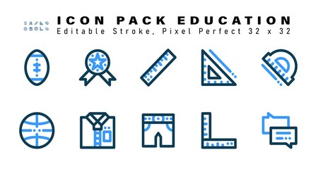 Icon Set of Education Two Color Icons. Contains such Icons as Protractor, Basketball, School Uniform, Pants etc. Editable Stroke. 32 x 32 Pixel Perfect