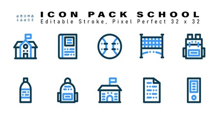 Icon Set of School Two Color Icons. Contains such Icons as Backpack, Water Bottle, School Bag, School etc. Editable Stroke. 32 x 32 Pixel Perfect