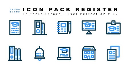 Icon Set of Register Two Color Icons. Contains such Icons as  School, Books, Bell, Laptop etc. Editable Stroke. 32 x 32 Pixel Perfect