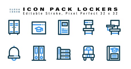 Icon Set of Lockers Two Color Icons. Contains such Icons as Chair, Bell, Files, Library etc. Editable Stroke. 32 x 32 Pixel Perfect