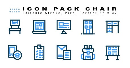 Icon Set of Chair Two Color Icons. Contains such Icons as Table, Mobile, Exam, School Report etc. Editable Stroke. 32 x 32 Pixel Perfect