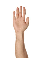 Obraz premium Man against white background, closeup of hand
