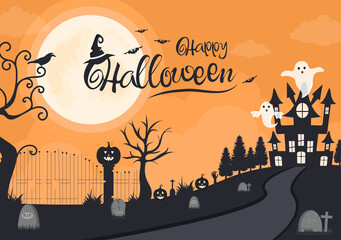 Halloween Night Party Landing Page Illustration With Witch, Haunted House, Pumpkins, Bats and Full Moon. For Background, Banner, Wallpaper, or Brochure