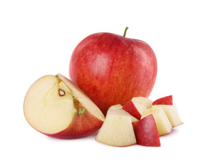 Whole and cut apples on white background