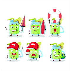 Happy Face avocado smoothie cartoon character playing on a beach. Vector illustration