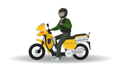 Motorcyclists wear helmets. stationary Ready to make fingers show great signs. with shadow and isolated white background.