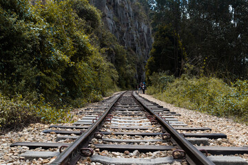 Fototapeta premium Train tracks that cross steep mountains and green trees in Colombia.