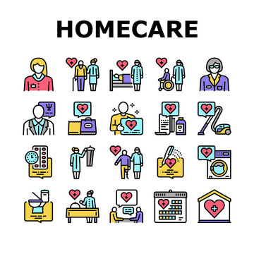 Homecare Services Collection Icons Set Vector. Volunteer Personal Care Elderly And Sick People, Dressing And Helping Washing Homecare Services Concept Linear Pictograms. Contour Color Illustrations