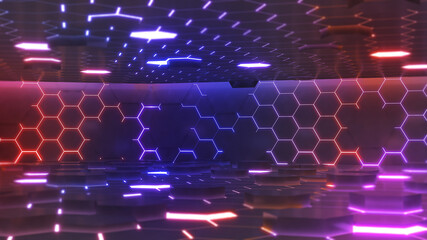 Abstract photo background future technology hexagon pattern,neon light hexagon stage,3d illustration,3d rendering