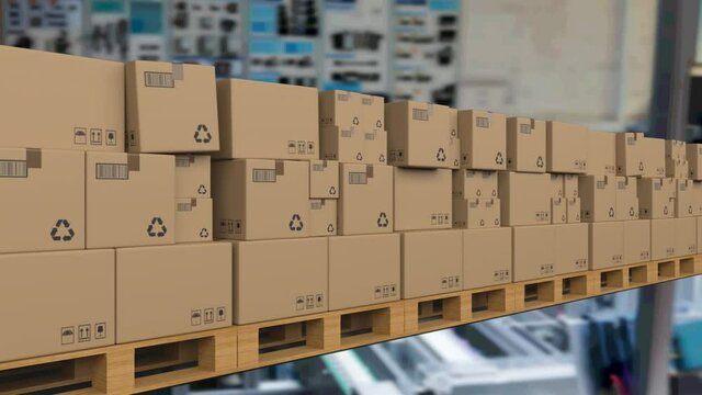 Animation of cardboard boxes on conveyor belt in warehouse
