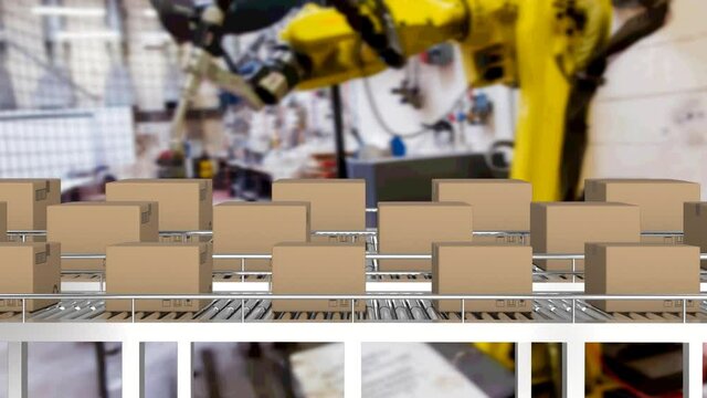 Animation of cardboard boxes on conveyor belts in warehouse