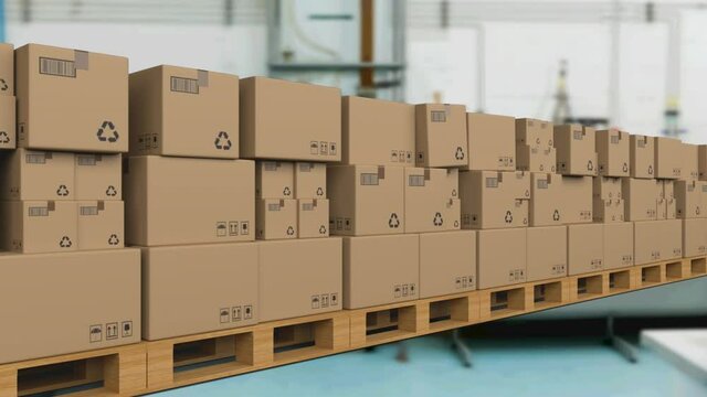 Animation of stack of cardboard boxes on conveyor belt in warehouse
