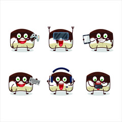 Chocolate cake cartoon character are playing games with various cute emoticons. Vector illustration