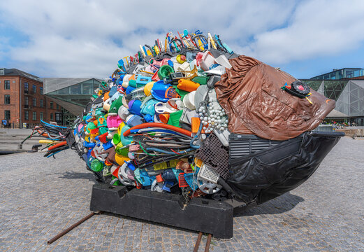 Garbage fish sculpture made of trash at King's Quay work by Hideaki Shibata (aka Yodo-Tech), 2014 - Helsingor, Denmark