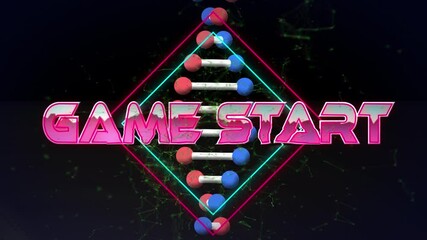 Animation of game start text in metallic pink letters over dna strand spinning - Powered by Adobe