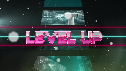 Animation of level up text in metallic pink letters over screens with data processing - Powered by Adobe