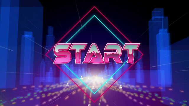 Animation of start text in metallic pink letters over cityscape