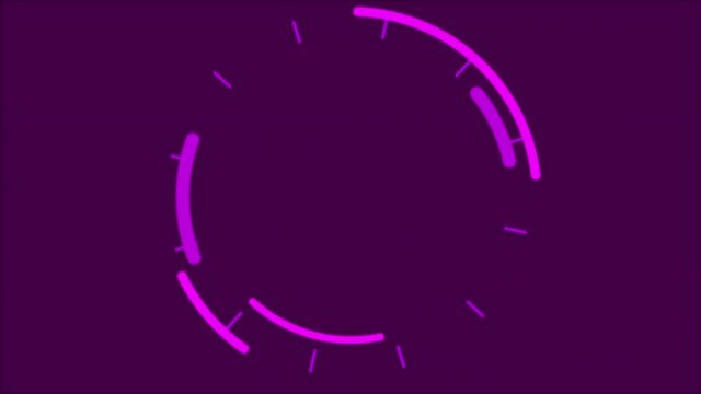 Animation of press start text in metallic pink letters over cityscape and binary coding
