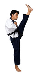 Sport Master of TaeKwonDo practice Karate Poses, isolated full length
