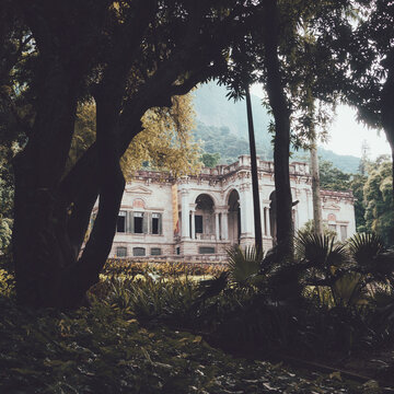 Selective focus of the Parque Lage in Rio de Janeiro, Brazil with trees in the foreground