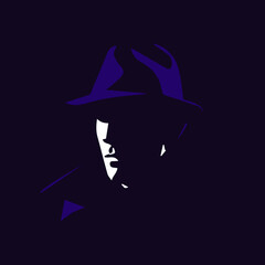 Detective in the shadow cartoon illustration. Mysterious man silhouette