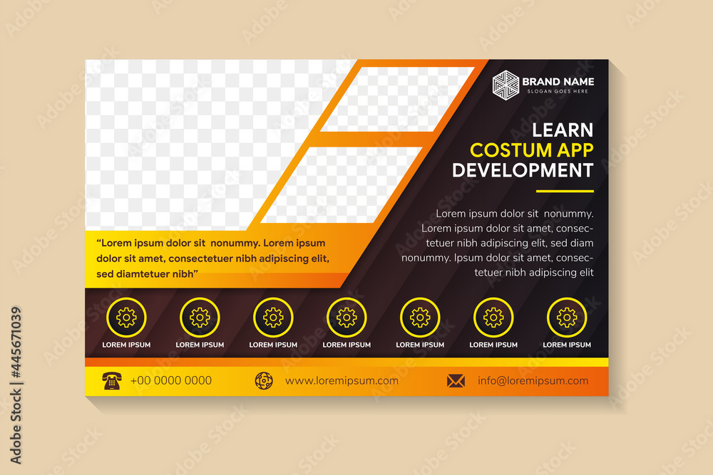 Aufkleber learn custom app development flyer design template use horizontal layout. brown gradient background 