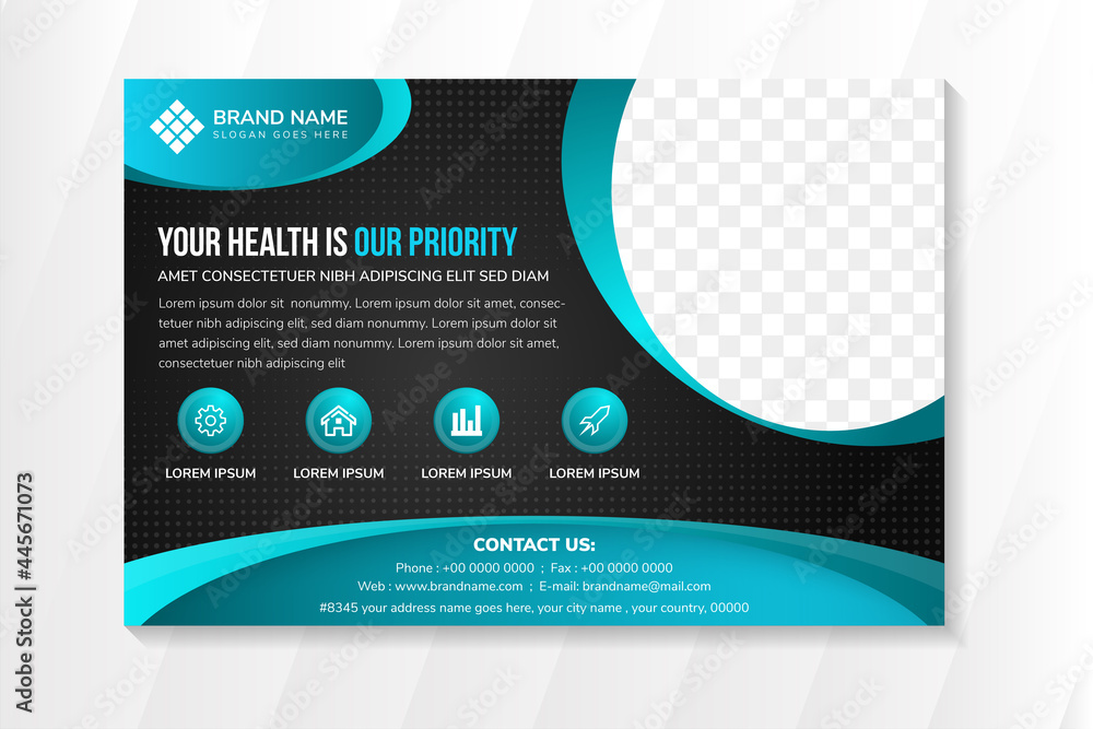 Poster your health is our priority flyer design template use horizontal layout. black gradient background w