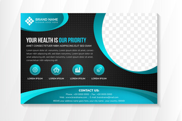 your health is our priority flyer design template use horizontal layout. black gradient background with blue gradient on element and infographic. space for space of photo. dot halftone pattern