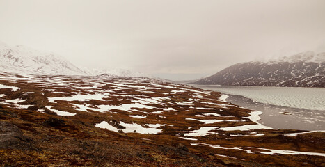 Cold snowy winter landscapes on the Arctic Circle Trail hiking path between Sisimiut and Kangerlussuaq in Greenland.