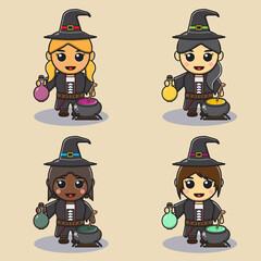 Vector illustration of Cute girls in witch costume make Potion. Collection of different cute beautiful witches. Group of cute mystical girls. Halloween witch collection.