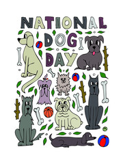 Hational dog day, doodles. Hand drawn card, background. Pet shop.