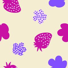  Strawberries and spotted flowers summer seamless pattern. Design for T-shirt, textile and prints. Hand drawn vector illustration for decor and design.