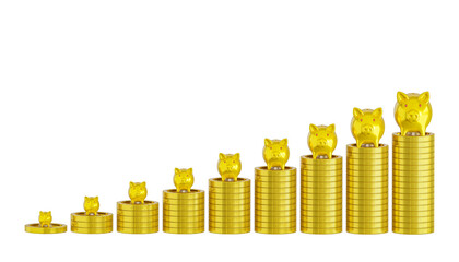 3D render gold coin step with saving pig isolated on white background