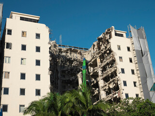 Okinawa,Japan - July 11, 2021: Mechanical destruction of a hotel 
