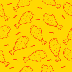 Chicken leg Seamless pattern Design Template. Illustration vector graphic. doodle chicken leg on Yellow background. Perfect for design menu cafe, bistro, restaurant, label and packaging.