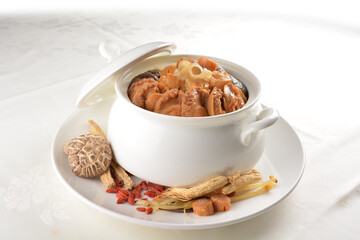 Chinese traditional luxury cuisine buddha jump over the wall with seafood abalone, sea cucumber,...
