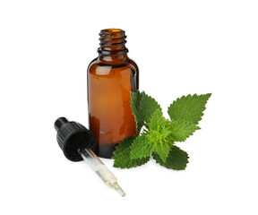Glass bottle of nettle oil with dropper and leaves isolated on white