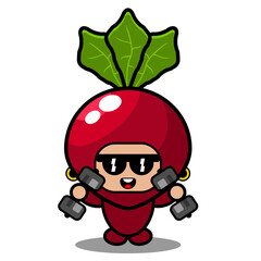 vector cartoon character cute radish vegetable mascot costume lifting barbell