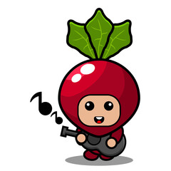 cute radish vegetable mascot costume cartoon character vector playing guitar