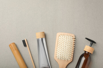 Flat lay composition with eco friendly products on light grey background, space for text. Conscious consumption