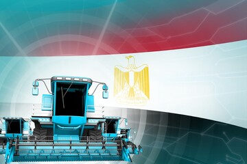Farm machinery modernisation concept, 3 blue modern grain combine harvesters on Egypt flag - digital industrial 3D illustration
